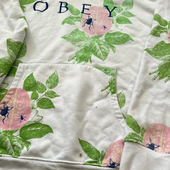 Obey Cream Hoodie with Pink and Green Floral Design - Picture 2 of 3